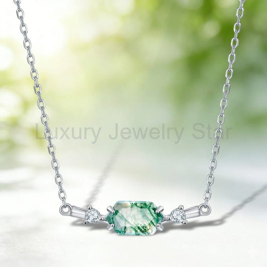 Horizontal green hexagon centerpiece with clear side accents and a silver-tone chain against a