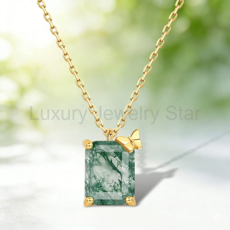 Emerald Cut Moss Agate Butterfly Necklace - 7x9mm Natural Gemstone Pendant