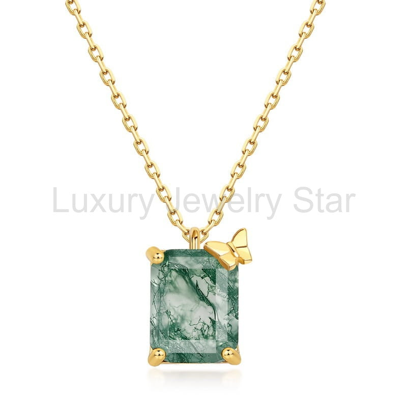 Emerald Cut Moss Agate Butterfly Necklace - 7x9mm Natural Gemstone Pendant - image 3