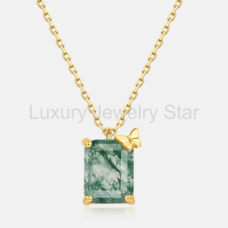 Emerald Cut Moss Agate Butterfly Necklace - 7x9mm Natural Gemstone Pendant - image 4