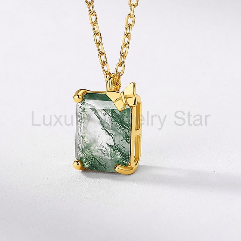 Emerald Cut Moss Agate Butterfly Necklace - 7x9mm Natural Gemstone Pendant - image 5