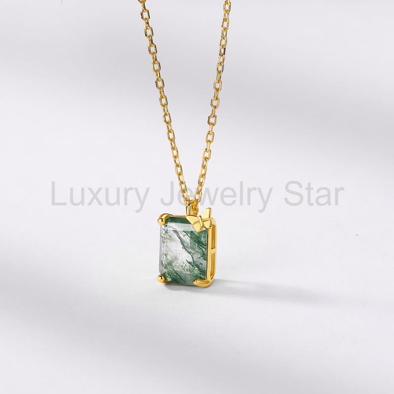 Emerald Cut Moss Agate Butterfly Necklace - 7x9mm Natural Gemstone Pendant - image 6