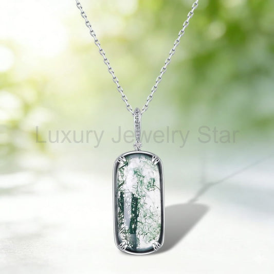Rectangular Moss Agate Pendant Necklace