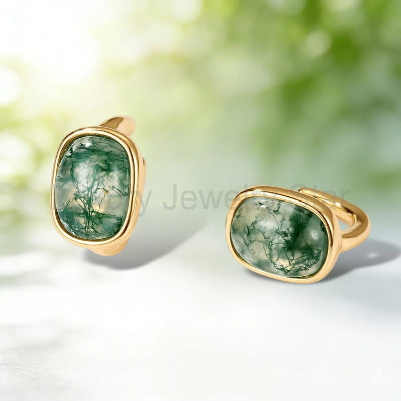 Oval Moss Agate Bezel Stud Earrings — product photo