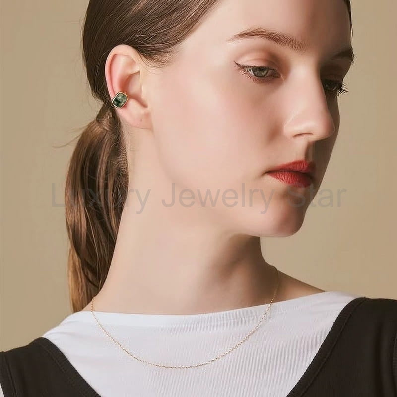 Oval Moss Agate Bezel Stud Earrings — view 2