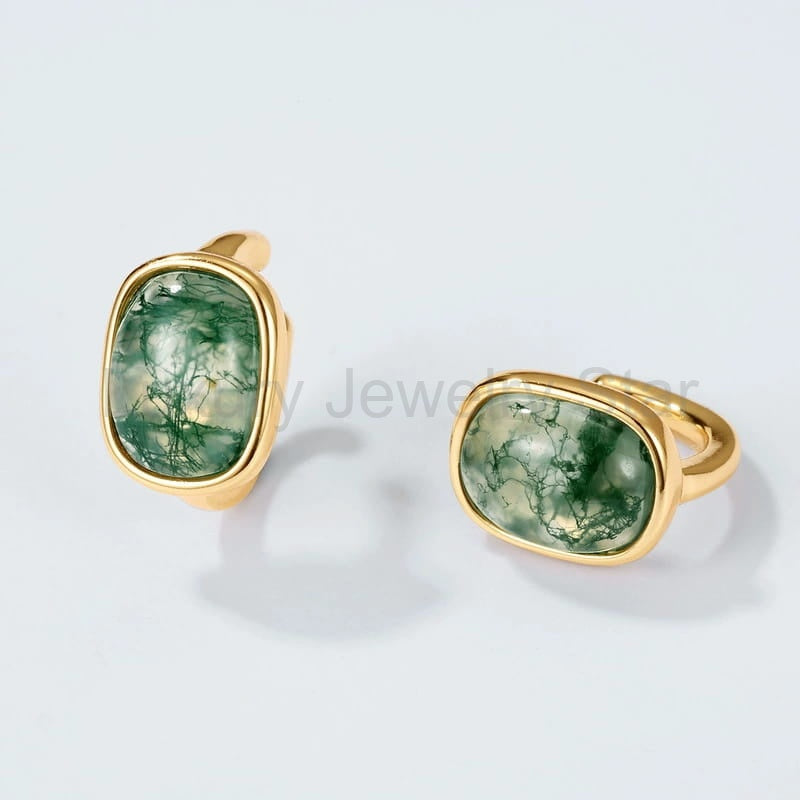 Oval Moss Agate Bezel Stud Earrings — view 4