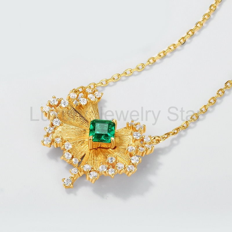 Princess-Cut Lab-Created Emerald Sunburst Necklace — view 2