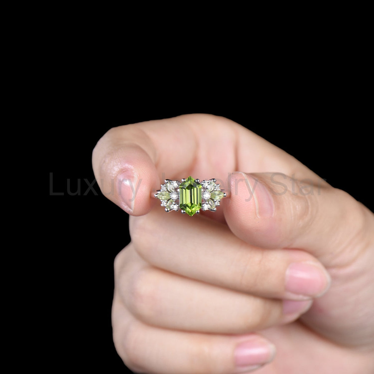 Peridot & Marquise Moissanite Engagement Ring — view 2