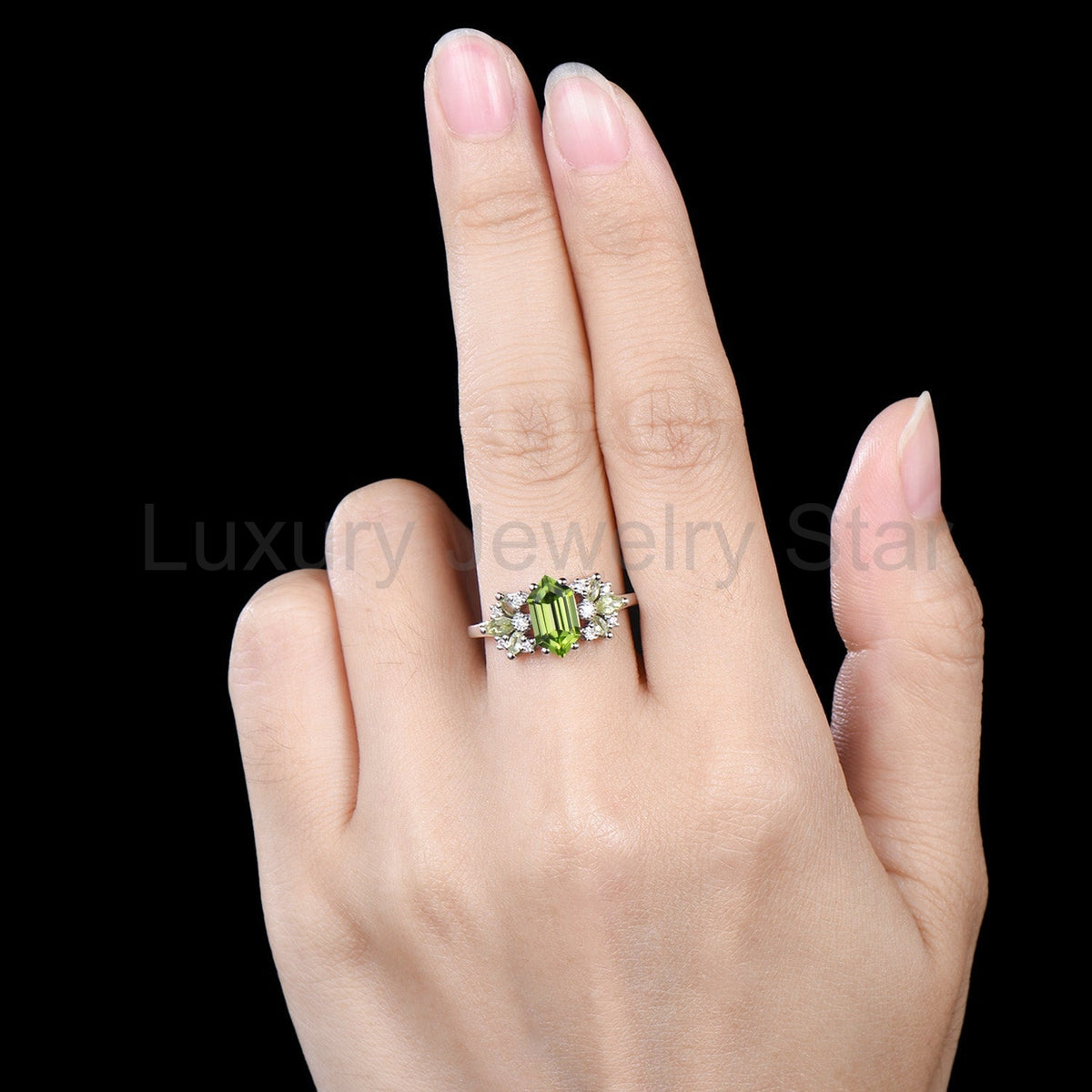 Peridot & Marquise Moissanite Engagement Ring — view 4