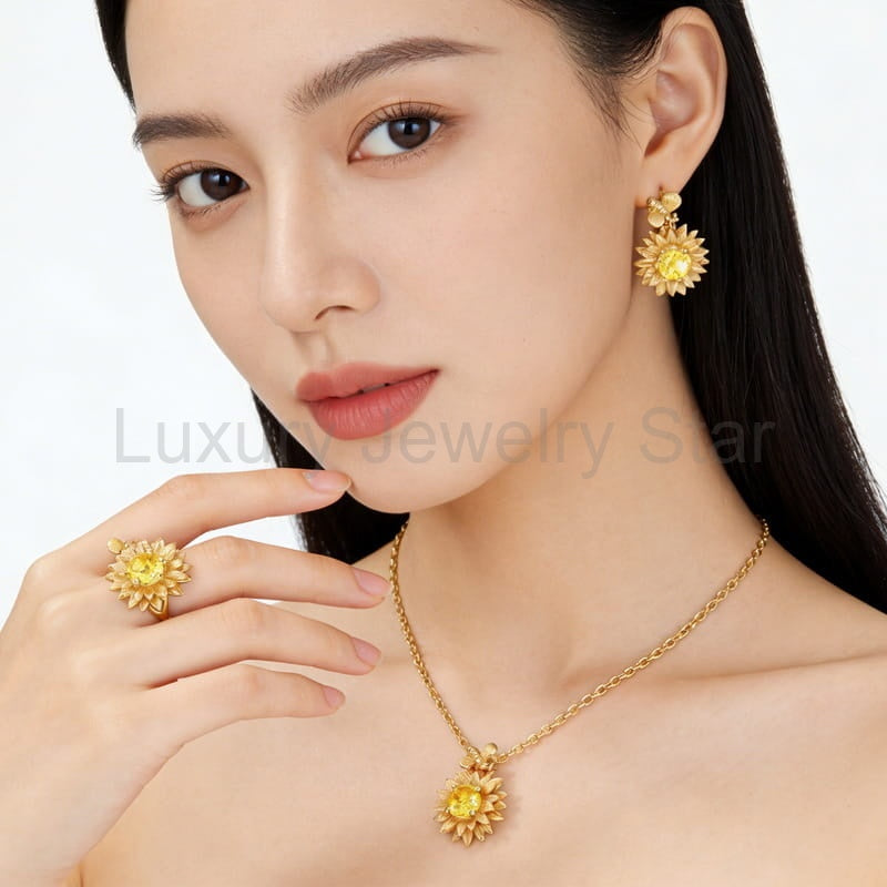 Citrine Sunflower & Bee Pendant Necklace - image 2