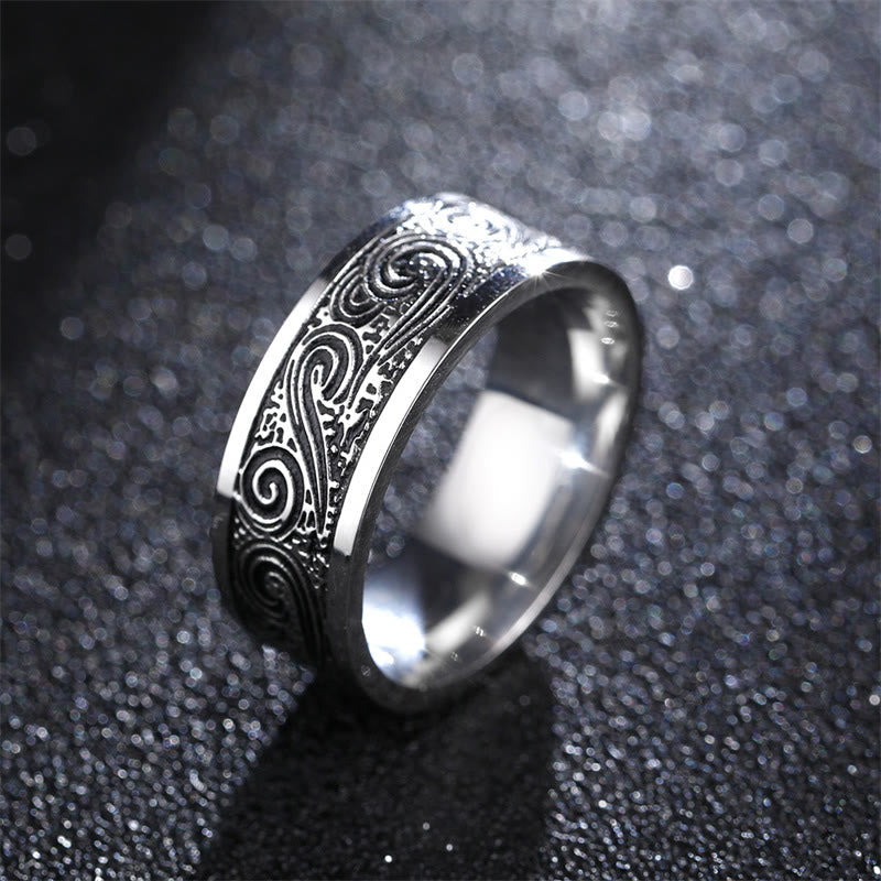 Fortune Jewel Vintage Wave Auspicious Clouds Engraved Pattern Titanium Steel Balance Ring