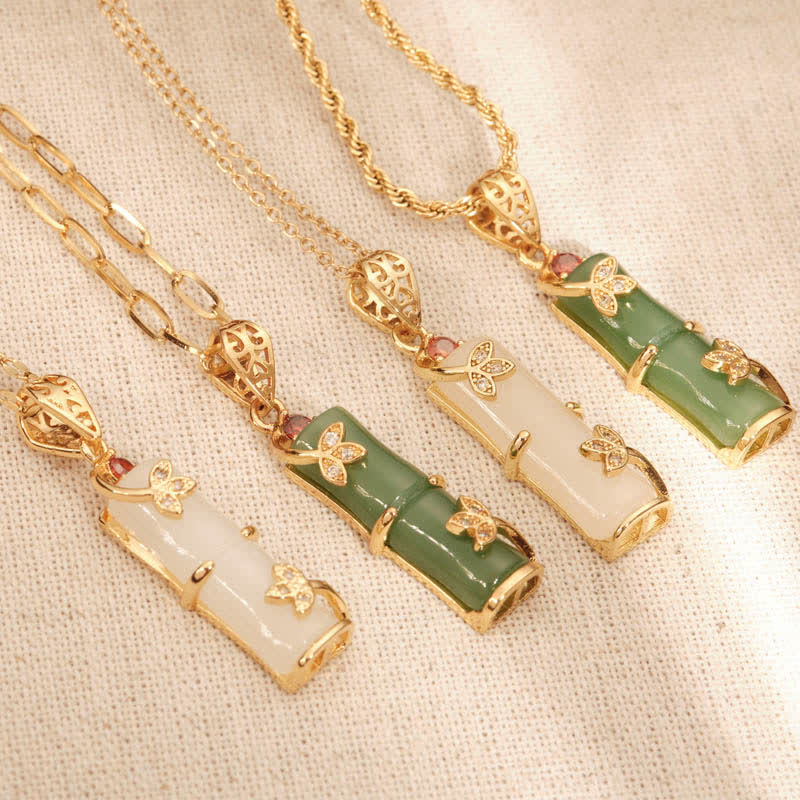 Fortune Jewel White Jade Cyan Jade Bamboo Luck Protection Necklace Pendant