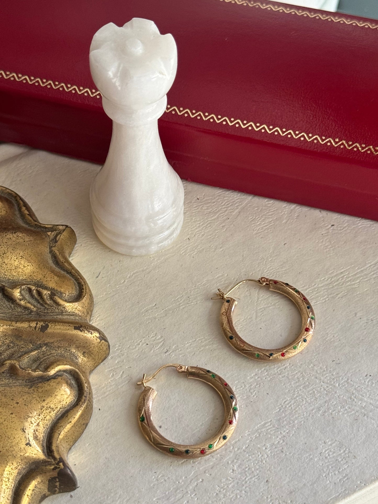 Vintage 14k Yellow Gold & Multi-Colored Enamel Hoops