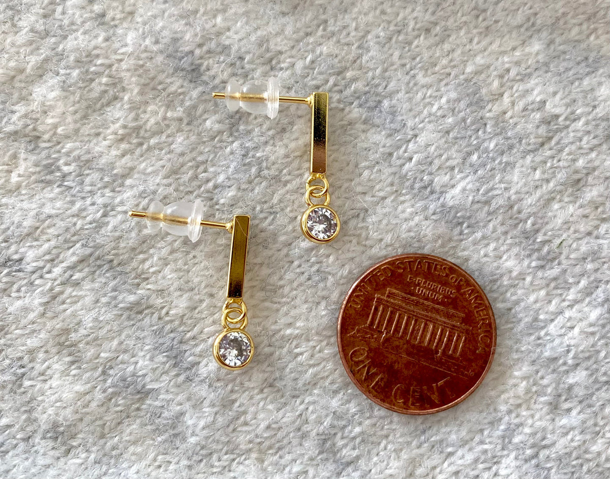 Gold Filled Bar Earrings Crystal CZ Charm Studs Clear Quartz Dangle Charm Earrings Minimalist Line Earrings with Crystal Christmas Gift