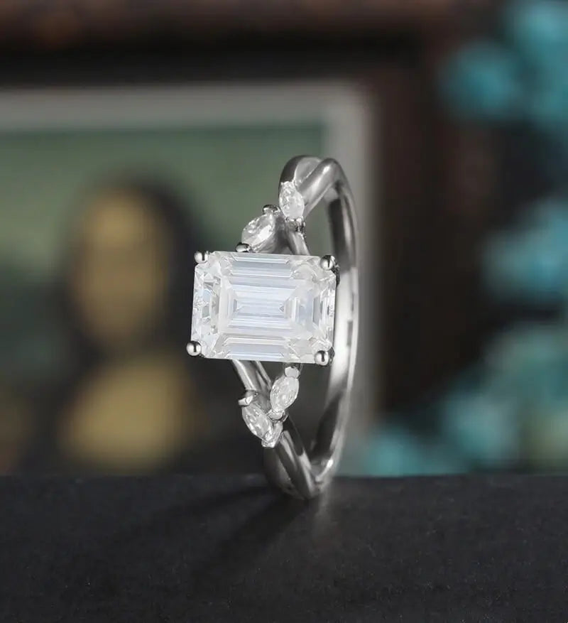 Emerald Cut Moissanite Engagement Ring Twist Solid Gold Wedding Ring Diamond Vintage Rose Gold Bridal Ring Anniversary Promise Ring for Her