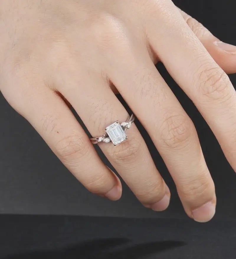 Emerald Cut Moissanite Engagement Ring Twist Solid Gold Wedding Ring Diamond Vintage Rose Gold Bridal Ring Anniversary Promise Ring for Her