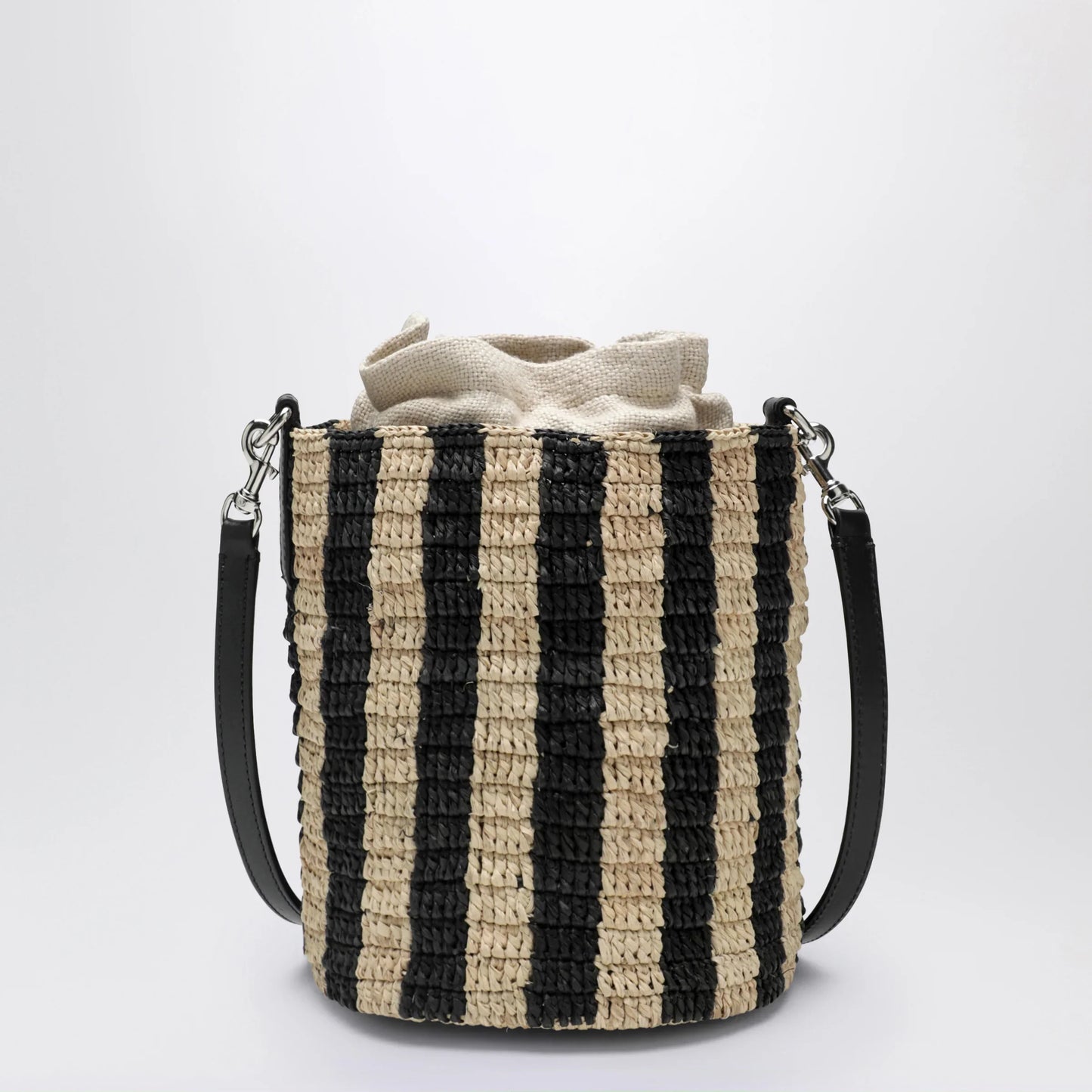 Valentino Garavani - Small bucket bag in raffia with beige and black stripes