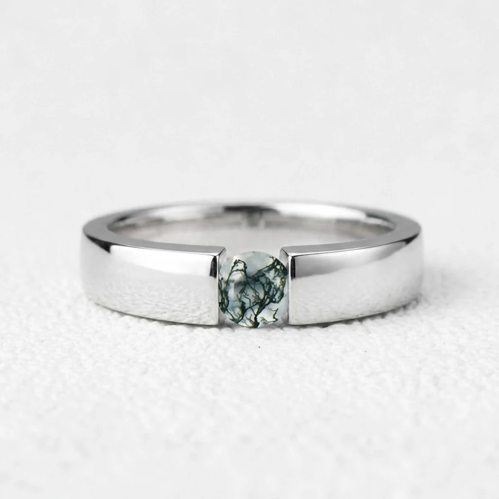 One Stone | Minimalist Solitaire Round Moss Agate Men’s Wedding Band