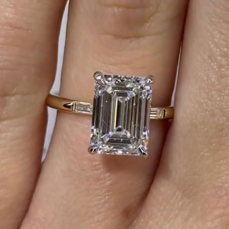 Two Tone Emerald Cut Sterling Silver Engagement Ring