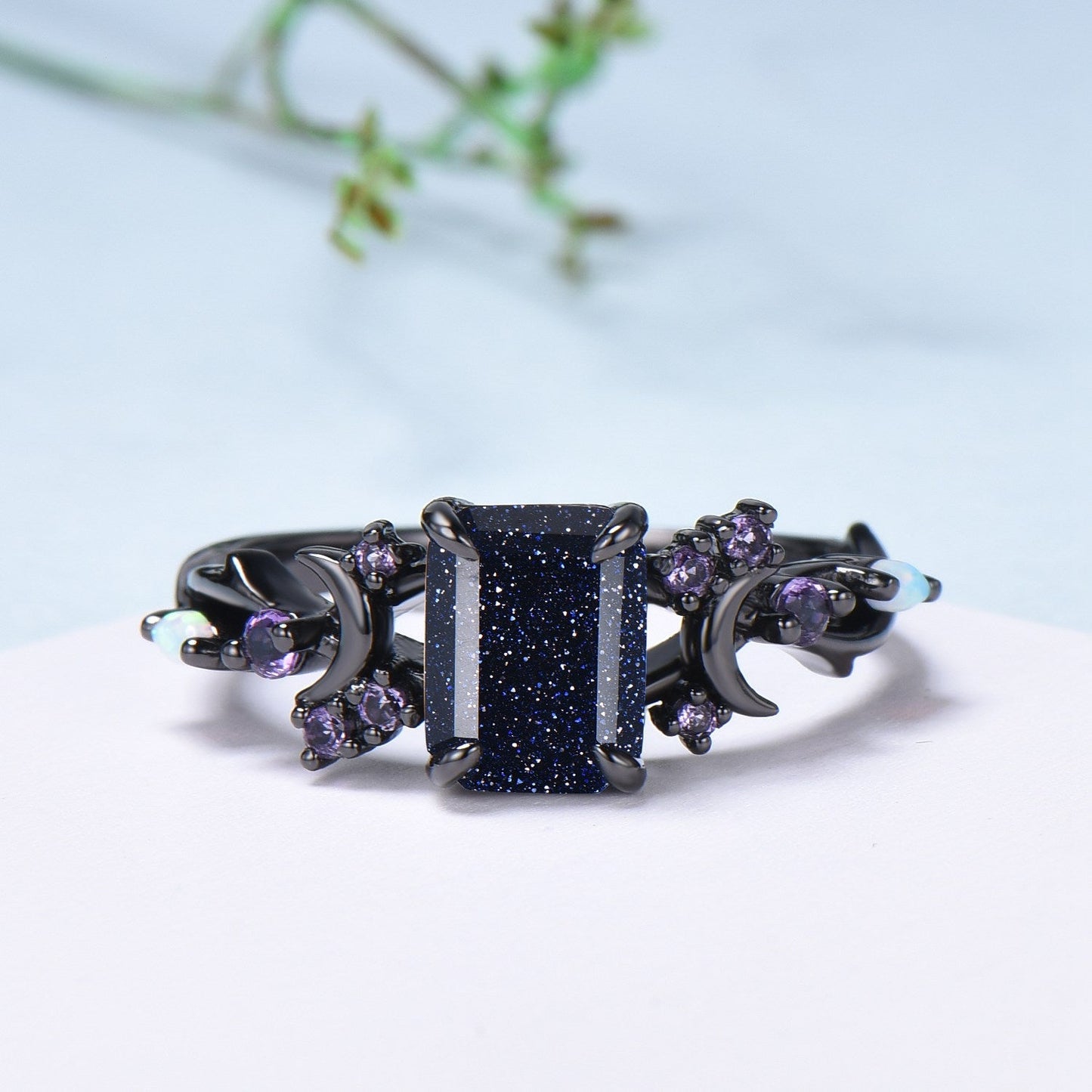 Unique Black Gold Blue Sandstone Ring Emerald Cut Vintage Galaxy Moon Engagement Ring Cluster Opal Amethyst Wedding Ring Promise Gift Women