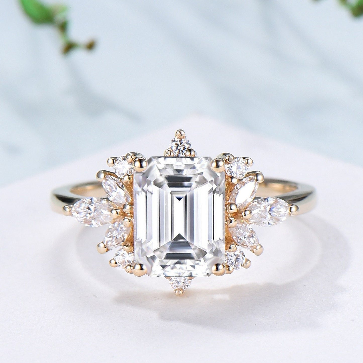 Custom Halo Emerald Cut Moissanite Engagement Ring 14K Yellow Gold  Cluster Marquise Moissanite Wedding Ring Unique Anniversary Promise Gift