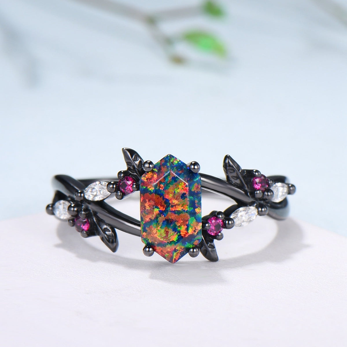 Handmade Black Gold Fire Opal Ring: Gothic Ruby Leaves, Hexagon Cut