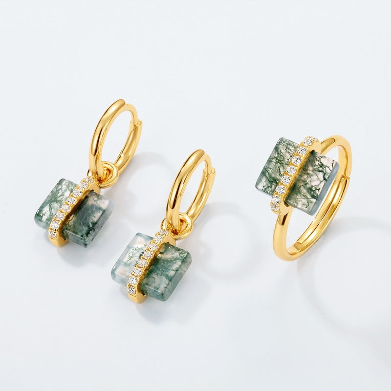 Square Moss Agate Drop Halo Huggie Earrings