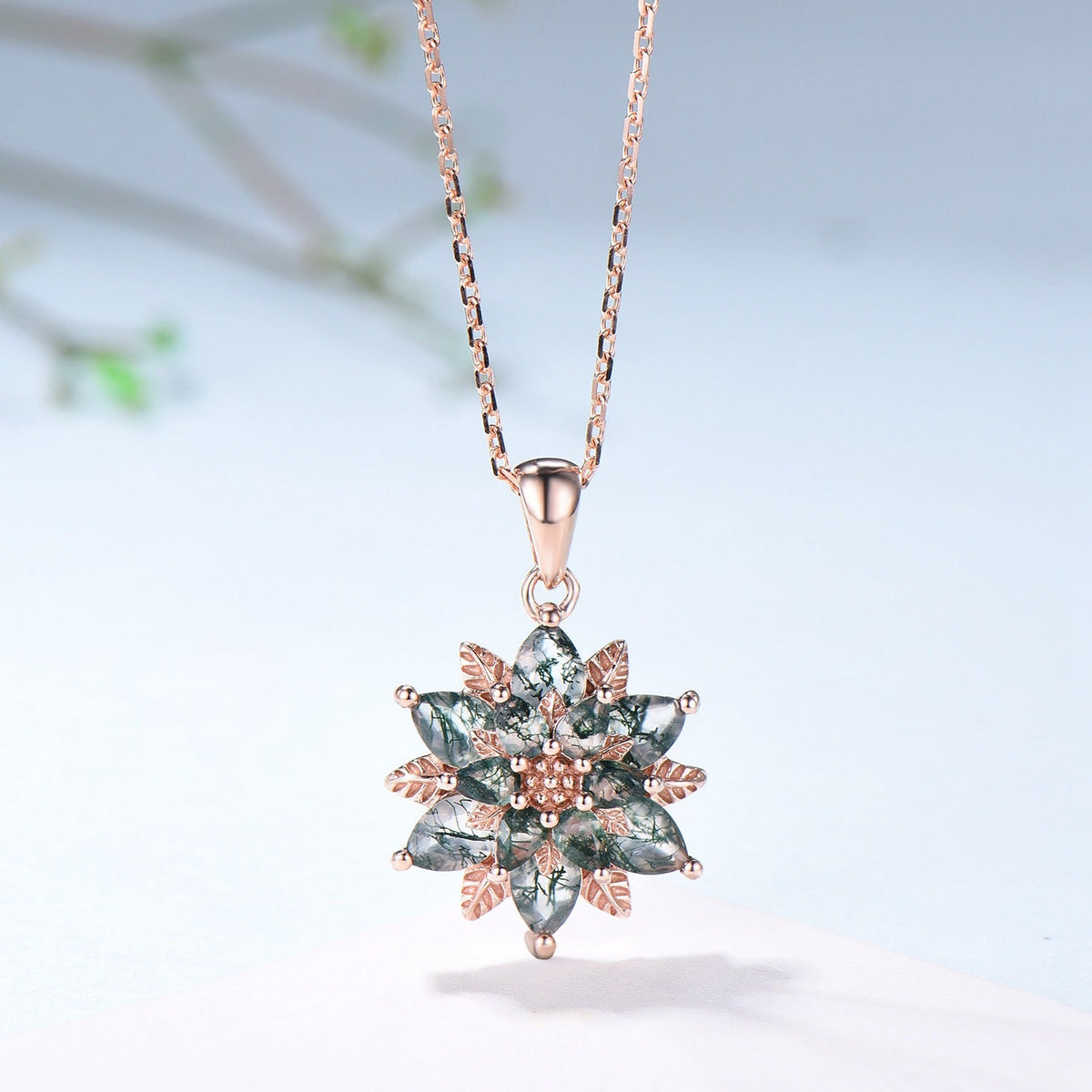 Tearsrop Moss Agate Flower Necklace - Double Halo Pendant, Leaf Vine