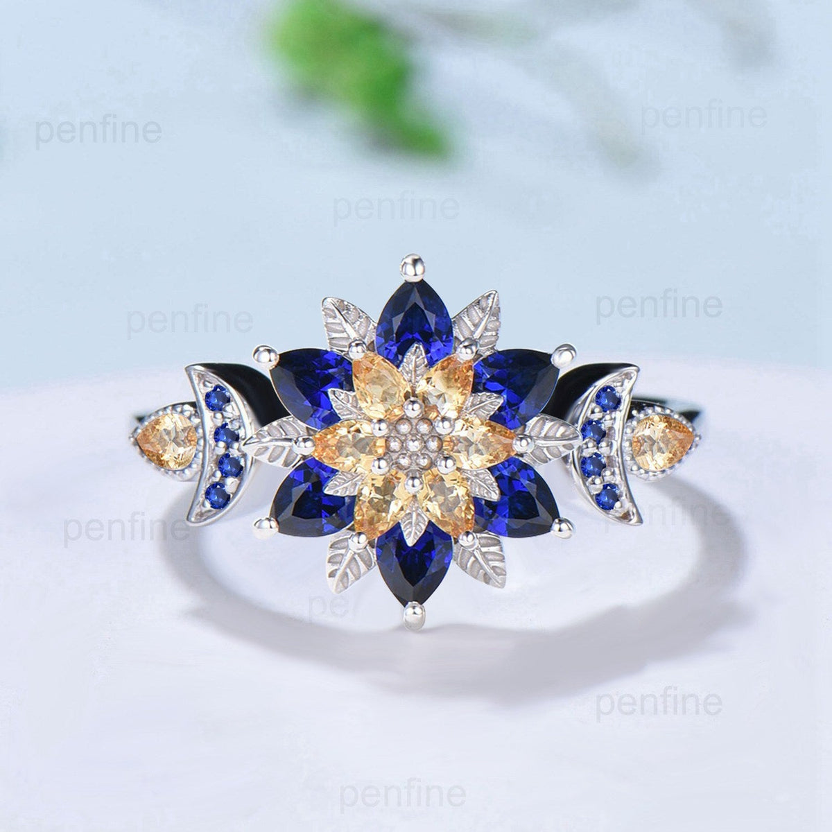 Celestial Sun and Moon Engagement Ring | Sapphire & Citrine Floral Mandala