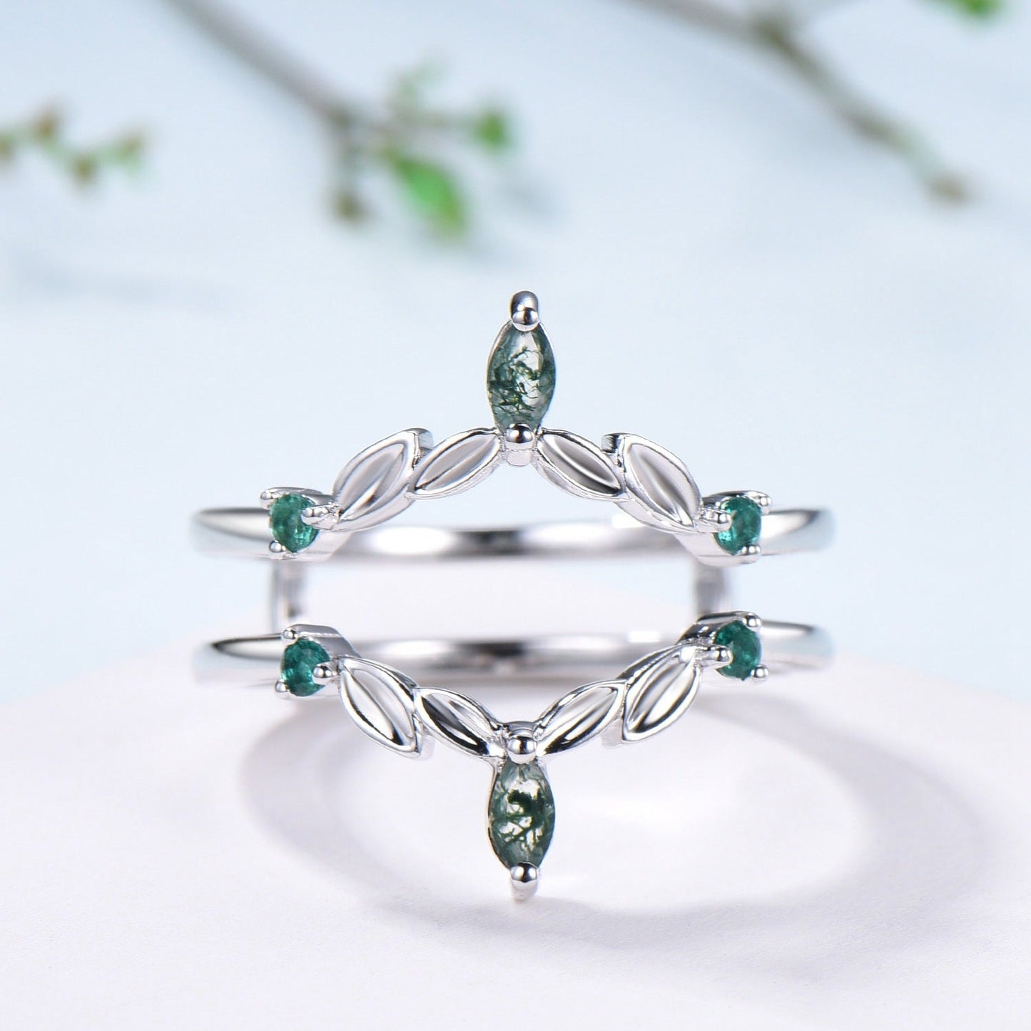 Moss Agate Marquise Wedding Band, Emerald Enhancer Ring, Solid Gold