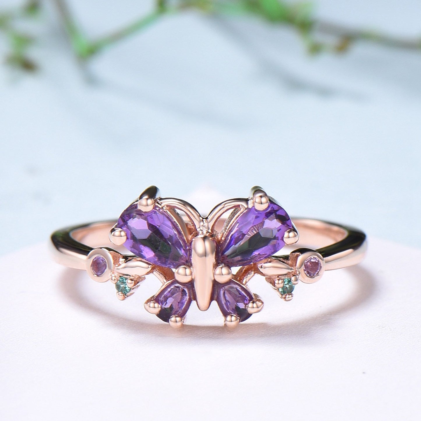 Unique Butterfly Ring Amethyst Engagement Ring teardrop amethyst silver rose gold flower promise ring emerald anniversary gift women