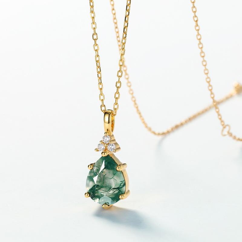 8x10MM Pear Shaped Moss Agate Pendant Necklace-Rosa