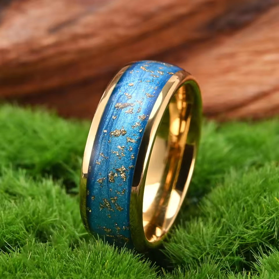 Cosmic 8mm Gold Tungsten Ring, Blue Nebula & Gold Flakes Inlay