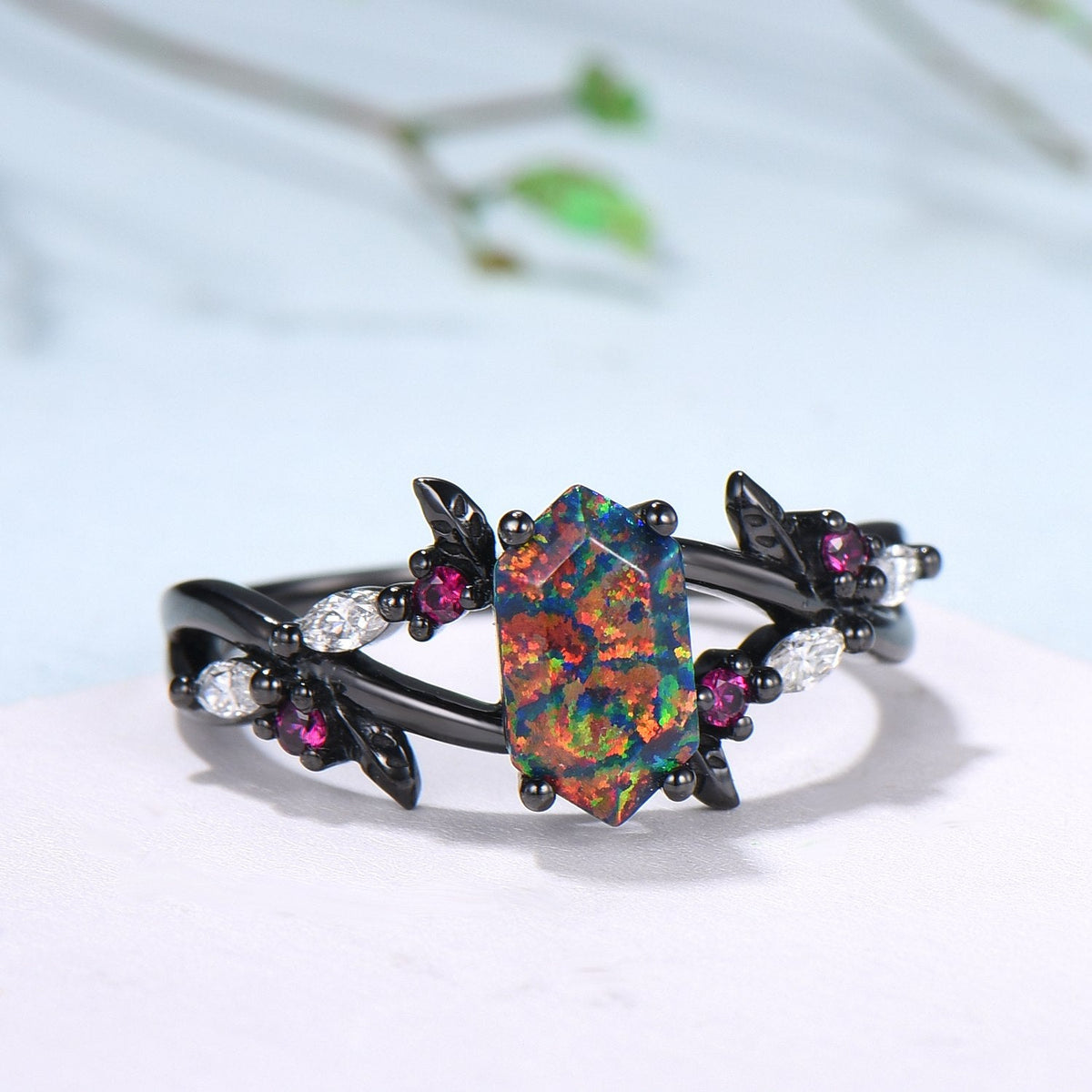 Handmade Black Gold Fire Opal Ring: Gothic Ruby Leaves, Hexagon Cut