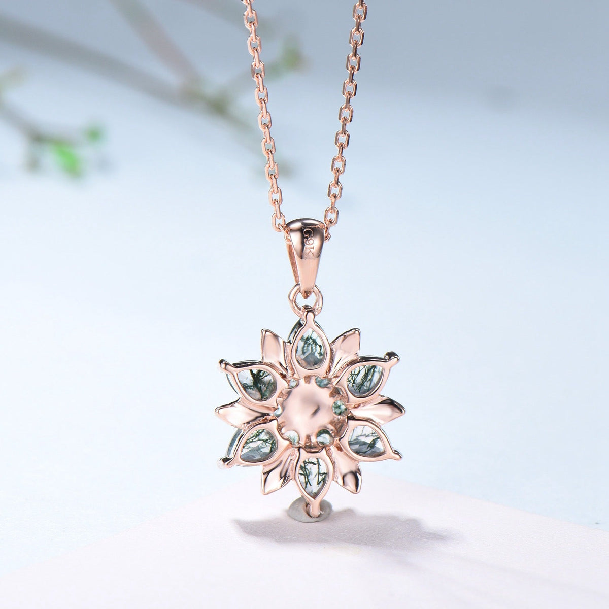 Tearsrop Moss Agate Flower Necklace - Double Halo Pendant, Leaf Vine
