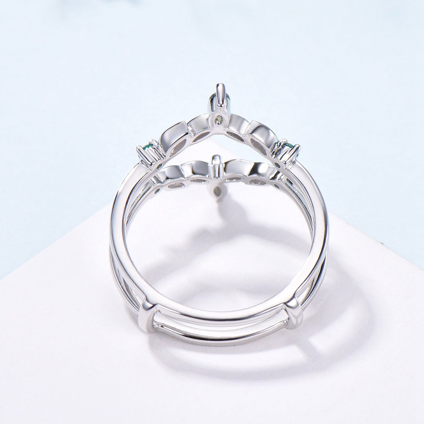 Moss Agate Marquise Wedding Band, Emerald Enhancer Ring, Solid Gold