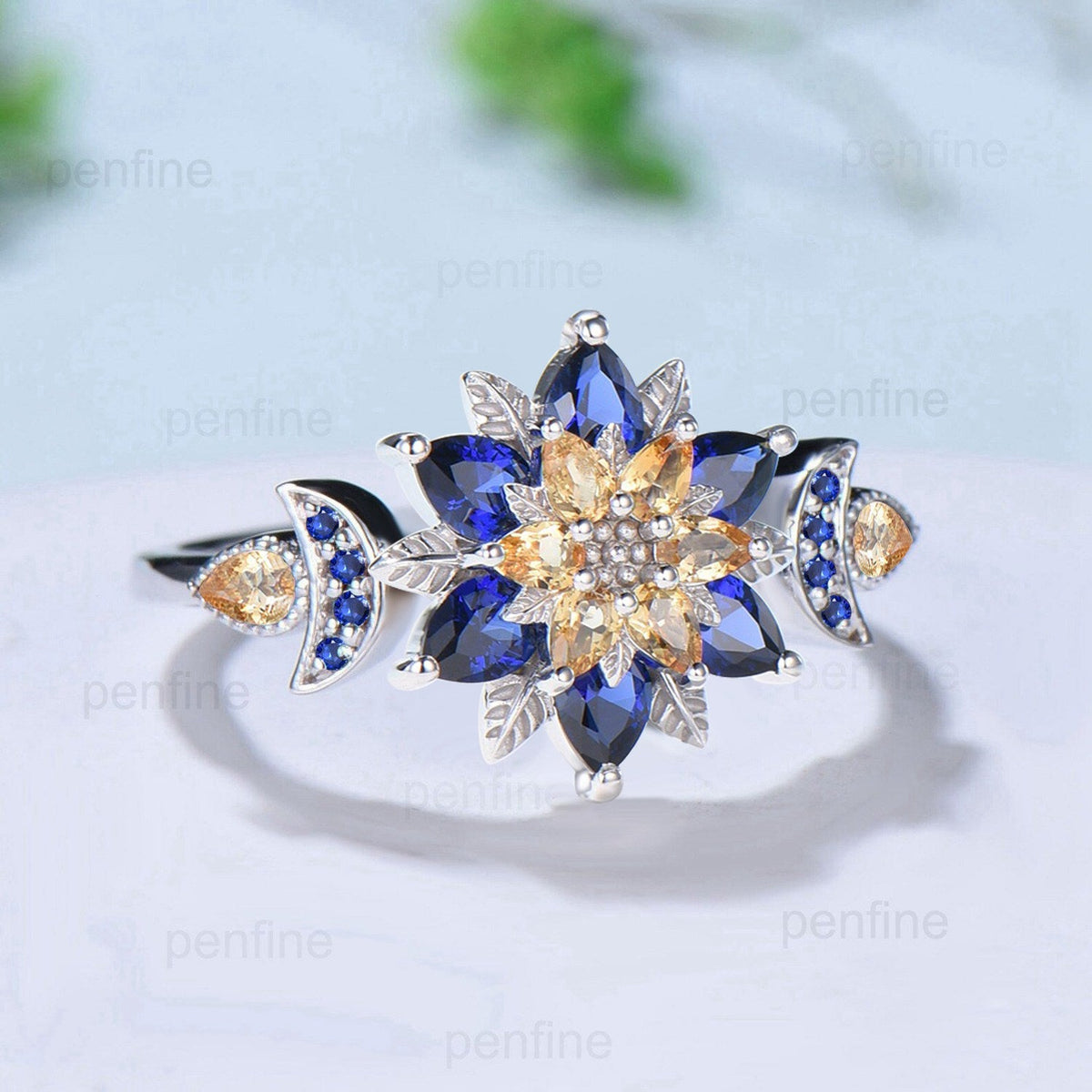 Celestial Sun and Moon Engagement Ring | Sapphire & Citrine Floral Mandala
