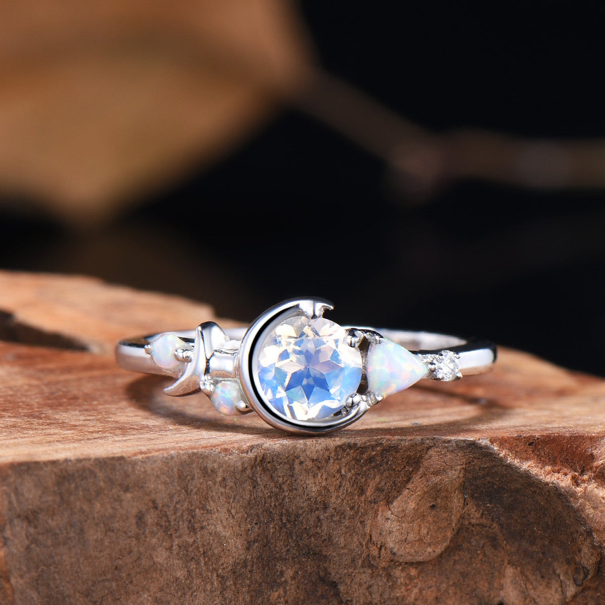 Unique 5mm Round Natural Rainbow Moonstone Opal Cluster Celestial Moon Wedding Ring