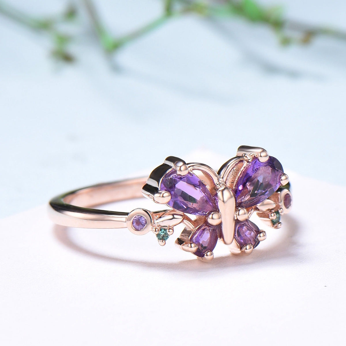 Unique Butterfly Ring Amethyst Engagement Ring teardrop amethyst silver rose gold flower promise ring emerald anniversary gift women