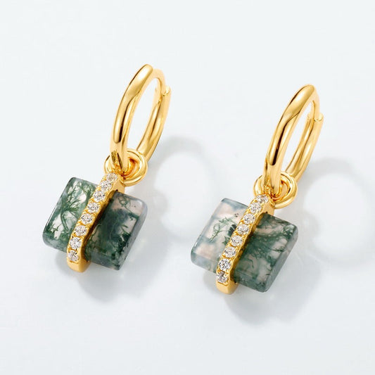 Square Moss Agate Drop Halo Huggie Earrings