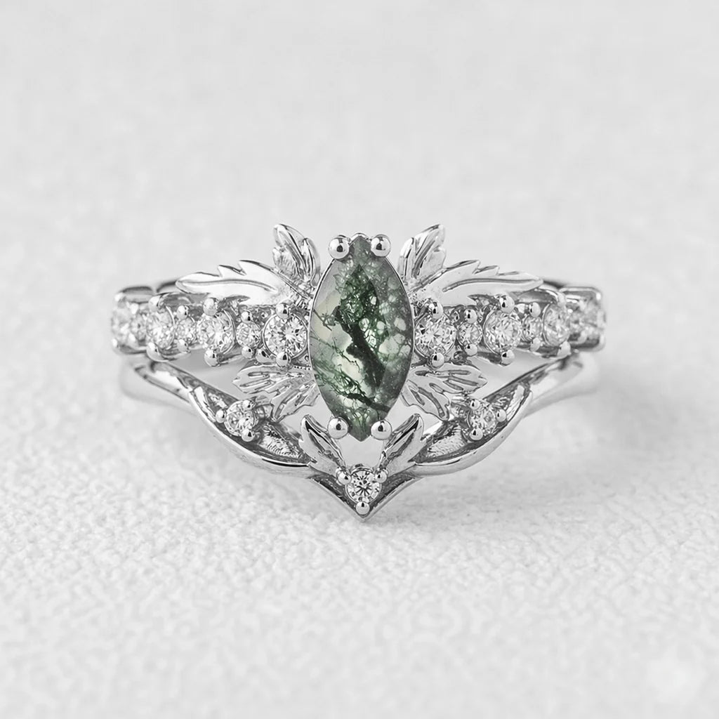 Aurora’s Moss Wing | Marquise Moss Agate Vintage Bridal Set 2pcs