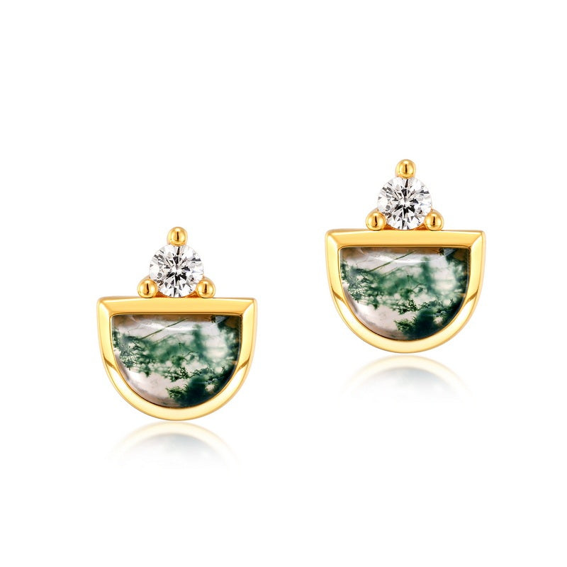 Half Moon Moss Agate Stud Earrings Boho Chic Crescent