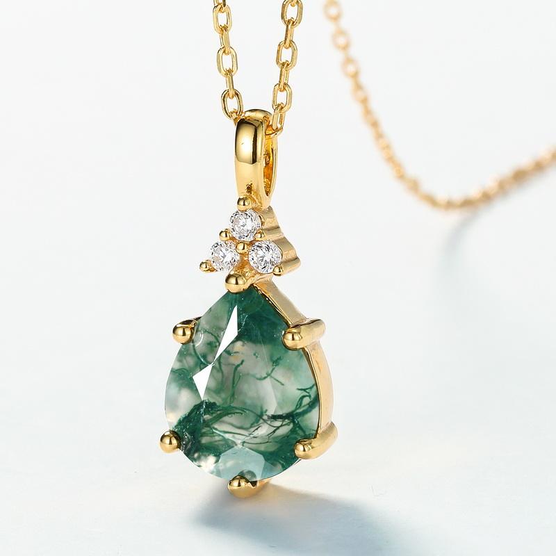 8x10MM Pear Shaped Moss Agate Pendant Necklace-Rosa
