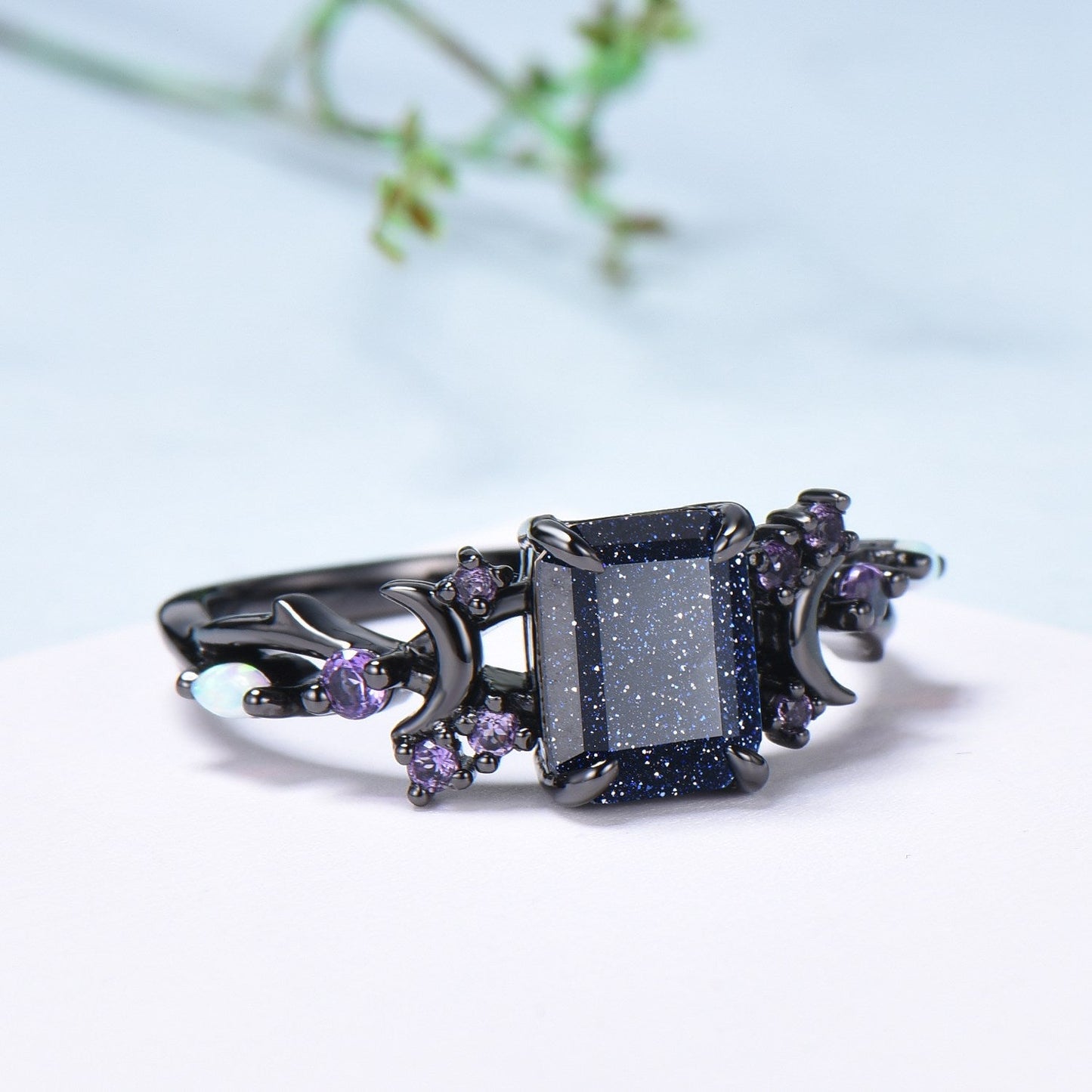 Unique Black Gold Blue Sandstone Ring Emerald Cut Vintage Galaxy Moon Engagement Ring Cluster Opal Amethyst Wedding Ring Promise Gift Women