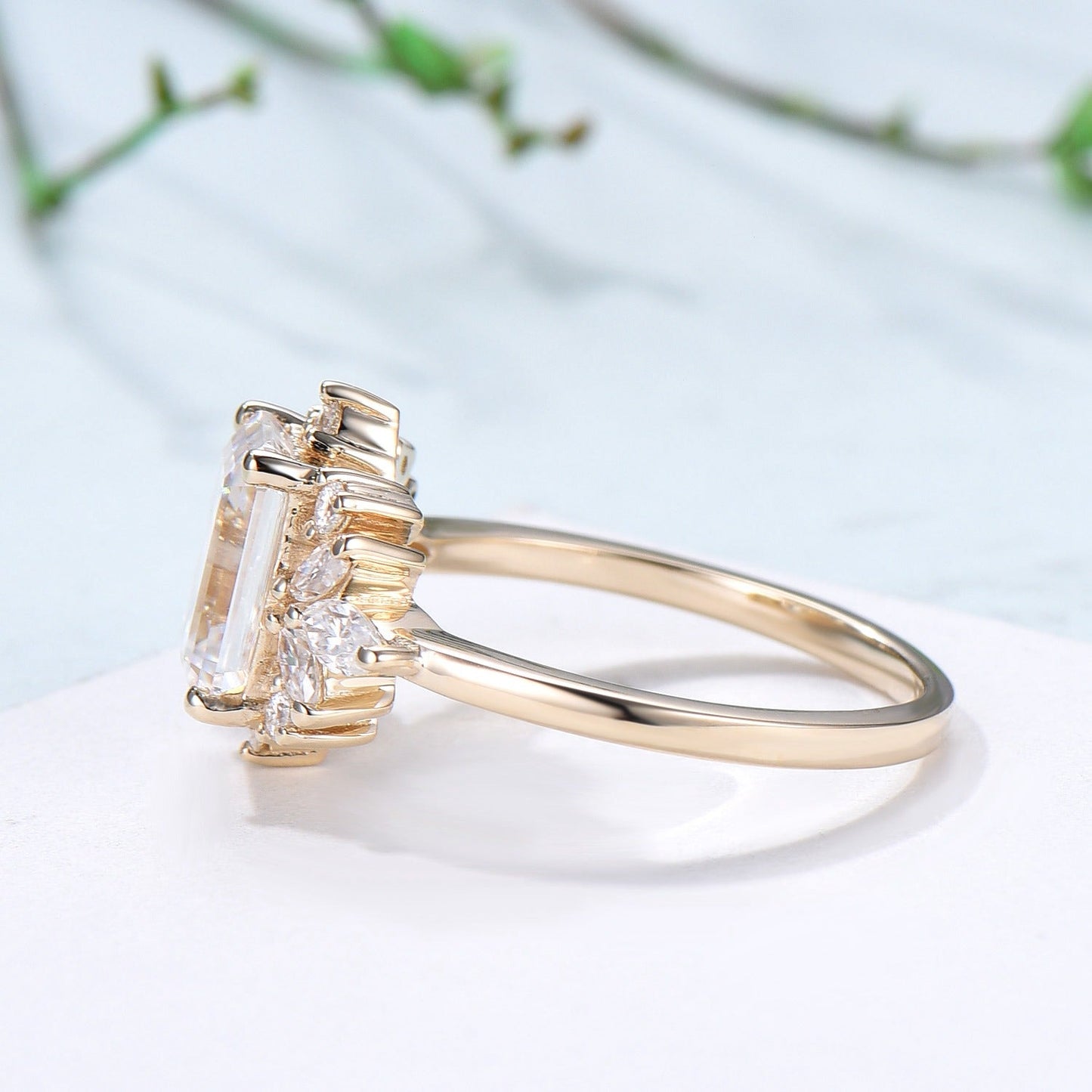 Custom Halo Emerald Cut Moissanite Engagement Ring 14K Yellow Gold  Cluster Marquise Moissanite Wedding Ring Unique Anniversary Promise Gift