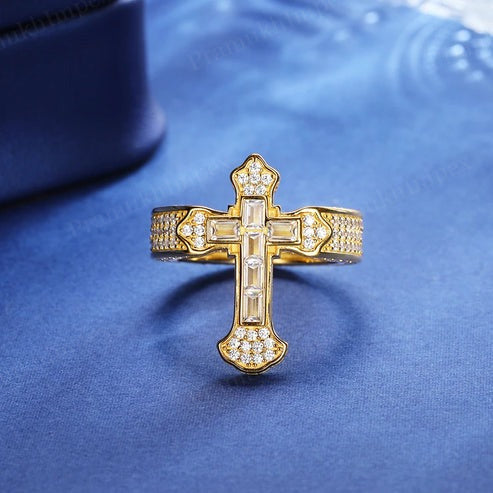 Antique Engravable Iced out Moissanite Baguette Cross Band in Silver