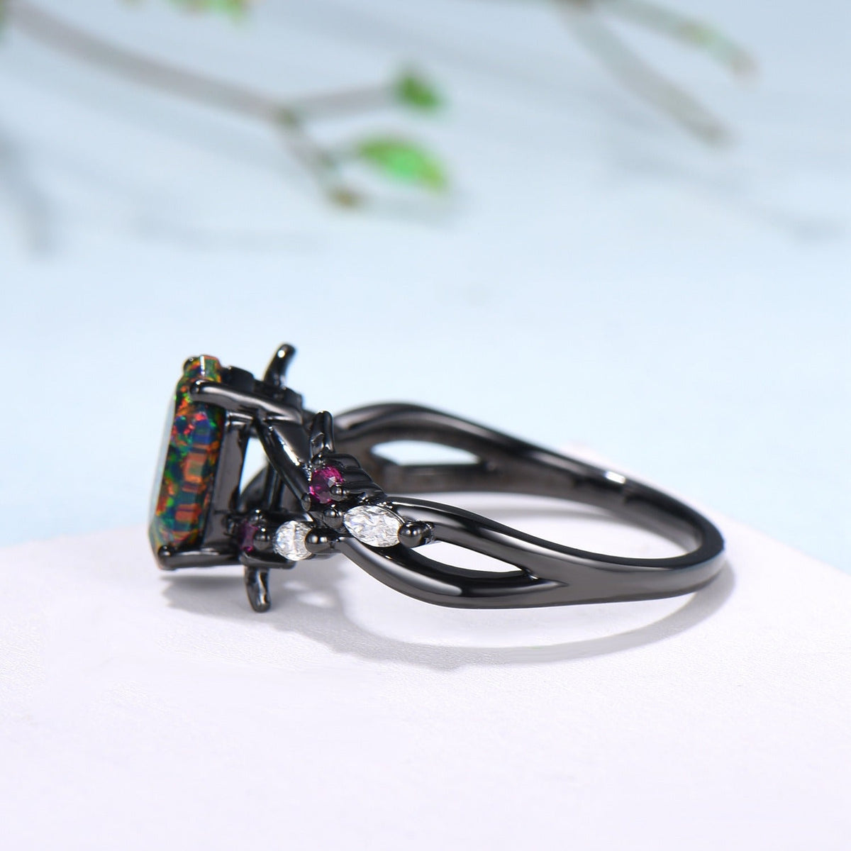 Handmade Black Gold Fire Opal Ring: Gothic Ruby Leaves, Hexagon Cut