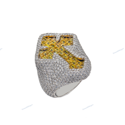 Yellow Diamond Set Moissanite Silver Cross Hip Hop Ring