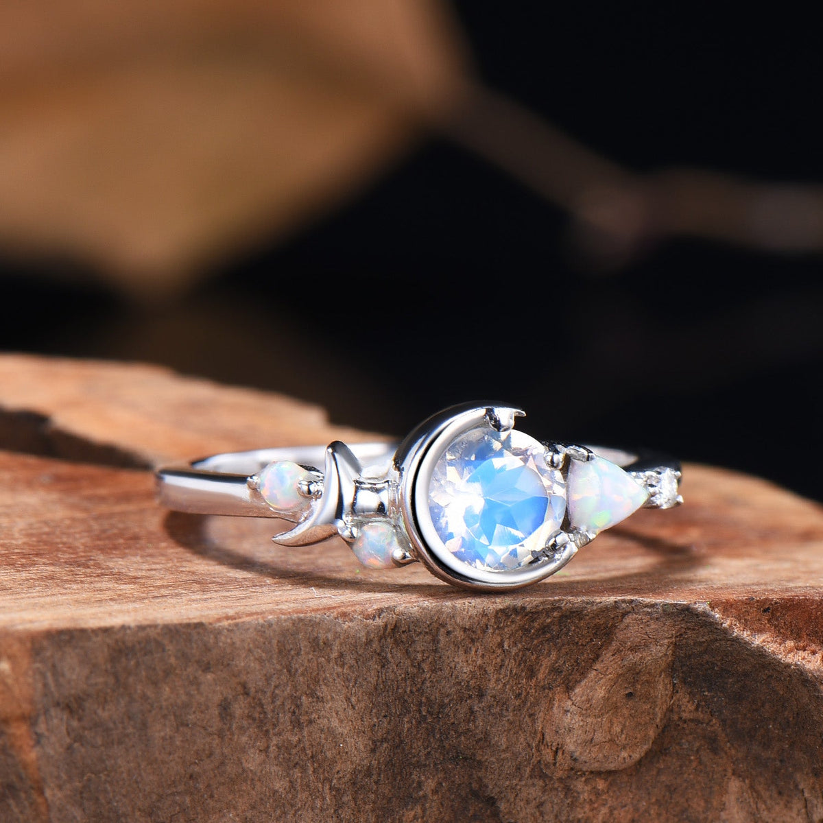 Unique 5mm Round Natural Rainbow Moonstone Opal Cluster Celestial Moon Wedding Ring