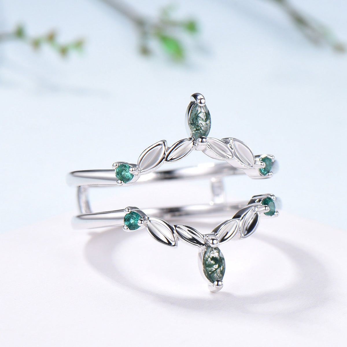 Moss Agate Marquise Wedding Band, Emerald Enhancer Ring, Solid Gold
